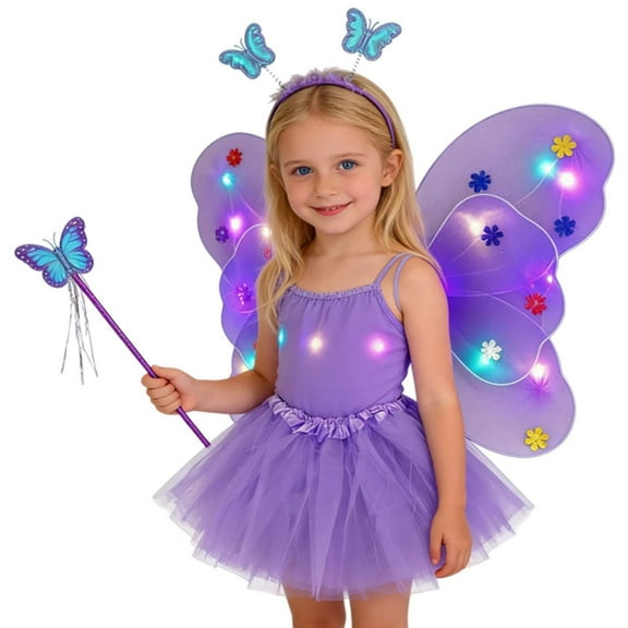 Glisme Girls Outfit Glowing Fairy Dress Up With Light Up Wand And Floral 4 Piece Set For Theme Party And Stage Performances Lightweight Matching Set Size One Size Light Purple