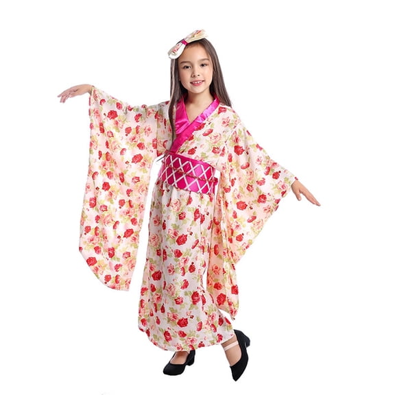 Glisme Girls Outfit Kimono Dress Performance Stage Show Themed Outfits Elegant Long Sleeve Robe Traditional Attire Stylish Matching Set Size 11-14 Years Pink