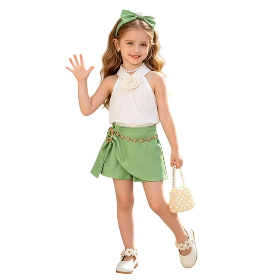Glisme Girls Outfit Set Flower Sleeveless Halter Tops With Shorts Outfit Durable Wear Girls Set Size 5-6 Years Green