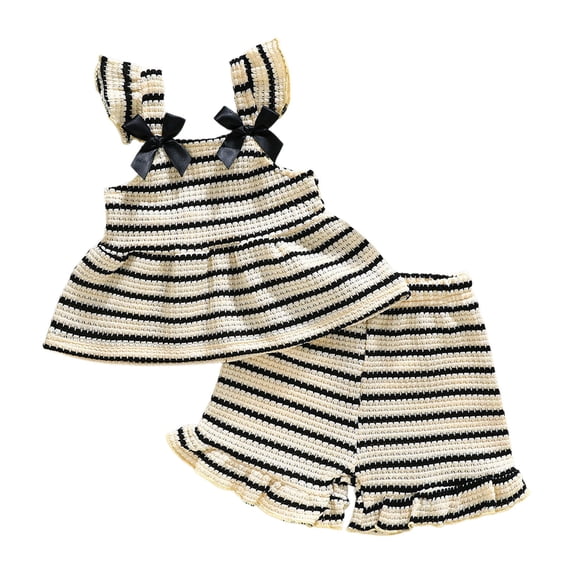 Glisme Girls Outfit Set Striped Print Flower Sleeveless Square Neck Tees With Shorts Set Breathable Girls Outfit Size 9-12 Months Black