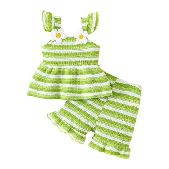Glisme Girls Outfit Set Striped Print Flower Sleeveless Square Neck Tees With Shorts Set Loose Fit Girls Outfit Size 3-6 Months Green