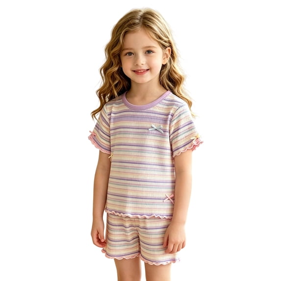 Glisme Girls Outfit Set Striped Print Short Sleeve Crew Neck Tees With Shorts Set Comfortable Girls Outfit Size 7-8 Years Light Purple