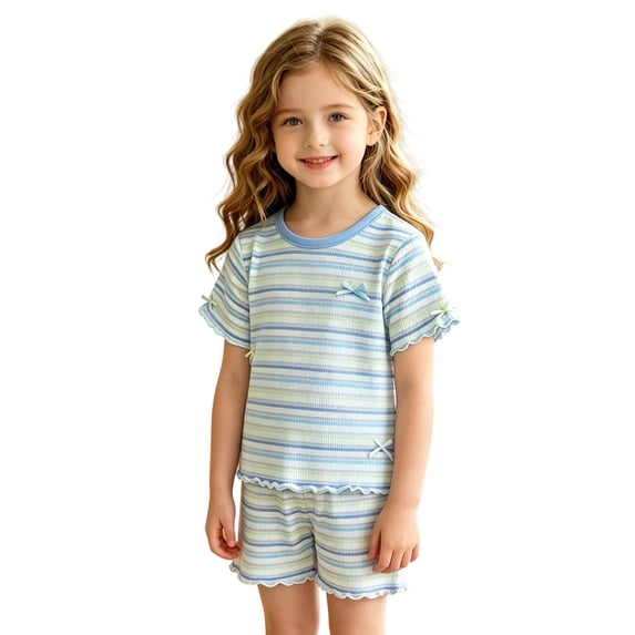 Glisme Girls Outfit Set Striped Print Short Sleeve Crew Neck Tops With Shorts Outfit Cozy Soft Girls Set Size 8-10 Years Light Blue