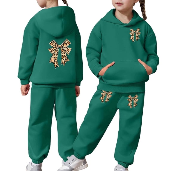 Glisme Girls Outfit Thick And Cozy Tracksuit Fashionable Bow Print Hoodie And Joggers Outfits For Toddlers And Kids Adorable Matching Set Size 4-5 Years Dark Green
