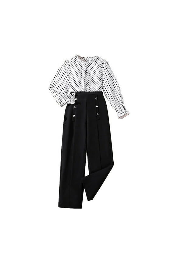 Girls Outfits Kids Autumn Winter Fashion Dot Printing Long Sleeve Tops Solid Color Straight Leg Pants 2 Pcs Outfit Black Skin Friendly Fit Suit For Girl/7-8 Years