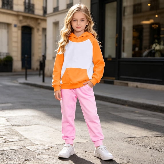 Glisme Girls Outfits Long Sleeve Round Neck Cartoon Pattern Hoodies Tops Pants Fashion Big Girls Clothes Orange