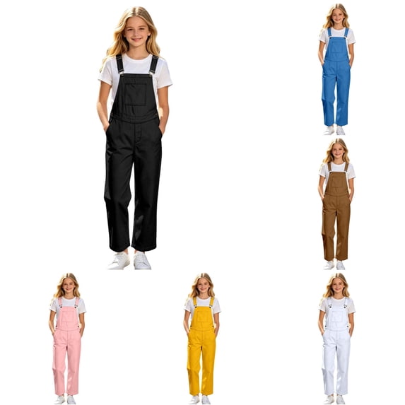 Glisme Girls Pant Kid Empire Waist Cartoon Prints Straight Leg Suspender Trousers With Pocket 7-8 Years Black