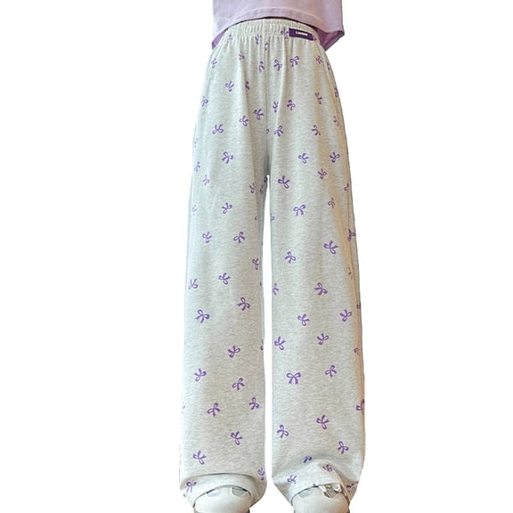 Glisme Girls Pants Casual Wide Leg Pants With Bow Print Elastic Waist Comfortable Spring Summer Breathable Trousers Size 8-9 Years Purple