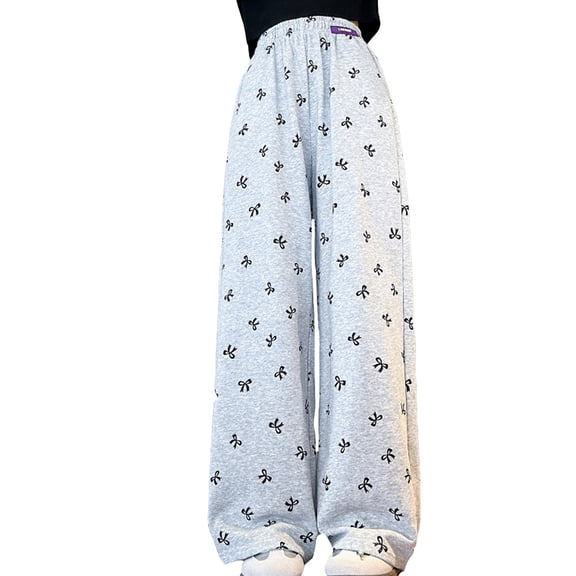 Glisme Girls Pants Casual Wide Leg Pants With Bow Print Elastic Waist Comfortable Spring Summer Lightweight Trousers Size 7-8 Years Black