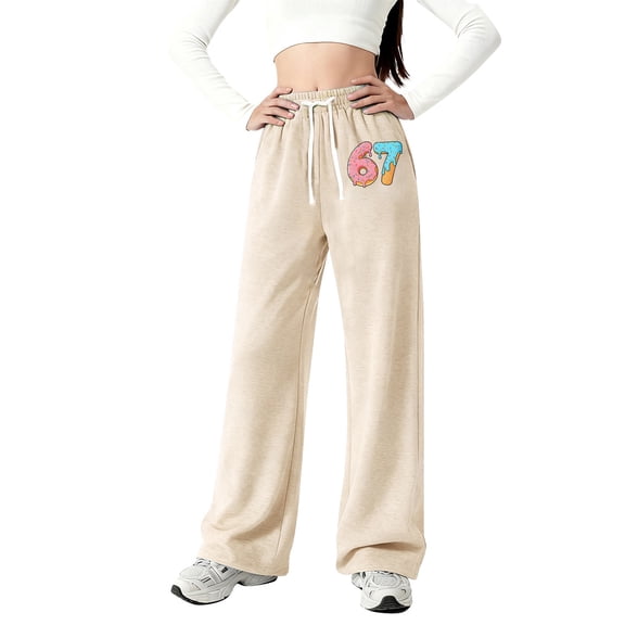 Glisme Girls Pants Casual Wide Leg Pants With Pockets Loose Fit Comfortable Soft Stretchy Fabric For Everyday Play Trend Trousers Size 4-5 Year Beige