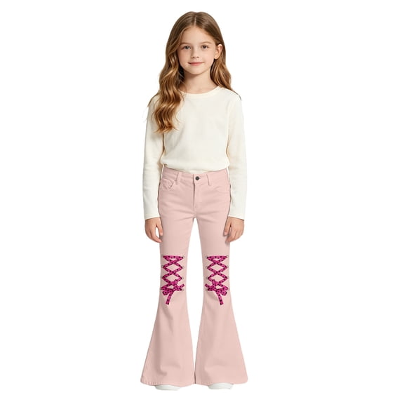 Glisme Girls Pants Flared Leg Bottoms with Unique Printed Pattern and Adjustable Straps Trousers for Stylish Everyday Wear