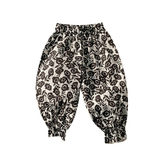 Glisme Girls Pants Floral Print Casual Pants Comfortable Outdoor Play Lightweight Trousers Size 4-5 Years Black