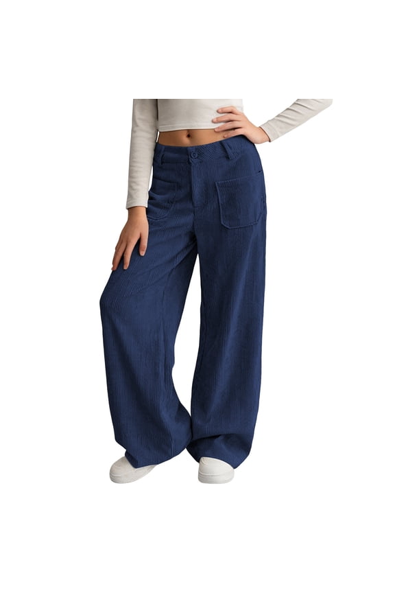 Girls Pants Kids Solid Color Corduroy Wide Leg Pants Button Front Zipper Straight Pants With Pockets For Teen Youth Stylish Trousers Size 7-8 Years Navy