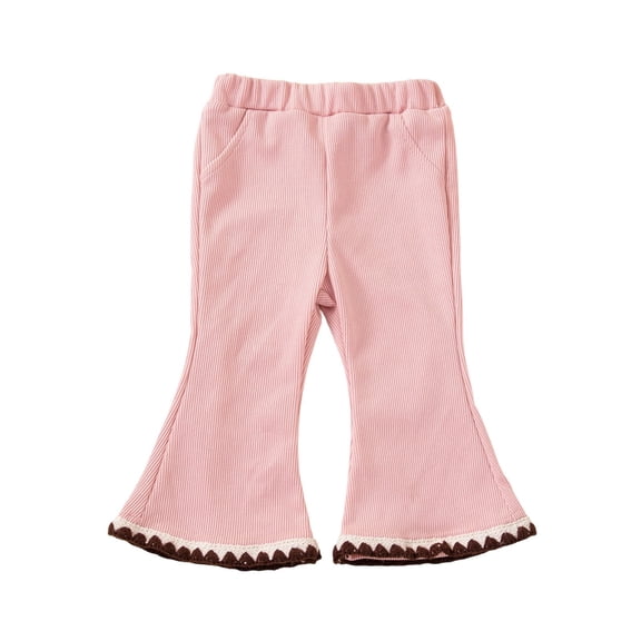 Glisme Girls Pants Ribbed Flared Pants With Lace Trim Soft Stretch Casual For Toddler Breathable Trousers Size 12-24 Months Pink