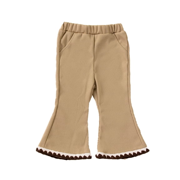Glisme Girls Pants Ribbed Flared Pants With Lace Trim Soft Stretch Casual For Toddler Easy Matching Trousers Size 12-24 Months Khaki