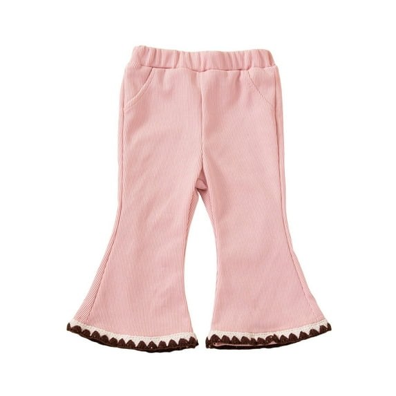Glisme Girls Pants Ribbed Flared Pants With Lace Trim Soft Stretch Casual For Toddler Versatile Trousers Size 2-3 Years Pink