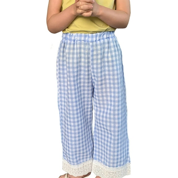 Glisme Girls Pants Toddler Checkerboard Wide Leg Pants Summer Loose Fashion Basic Trousers Size 8-9 Years Sky Blue