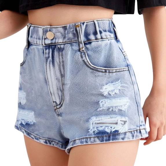 Glisme Girls Ripped Jean Shorts Stylish Mid Rise Distressed Denim Shorts For Teen Fashion Washed Straight Leg Casual Summer Shorts Breathable Pants Size 7-8 Years Blue