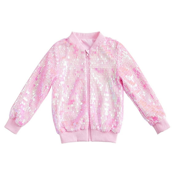 Glisme Girls Sequin Jackets Solid Color Long Sleeve Zip Up Jacket For Kids Christmas Shiny Trend Outerwear For Daily Wear Size 4-6 Years Light Pink