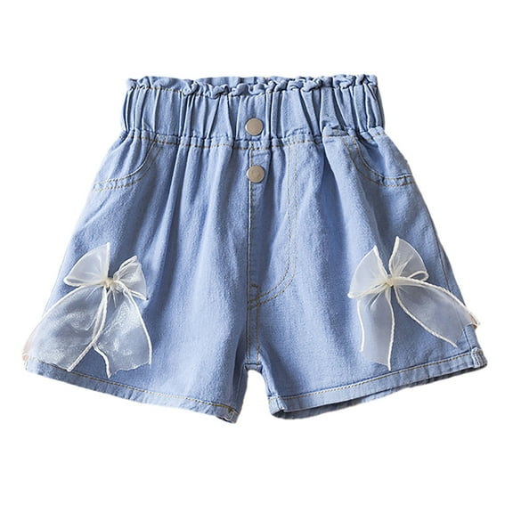 Glisme Girls Shorts Denim Shorts With Bow Flower Decorations Stretchy Elastic Waist Casual Summer Shorts For Toddler Kids Comfortable Close Fitting Dark Blue Shorts Size 7-8 Years
