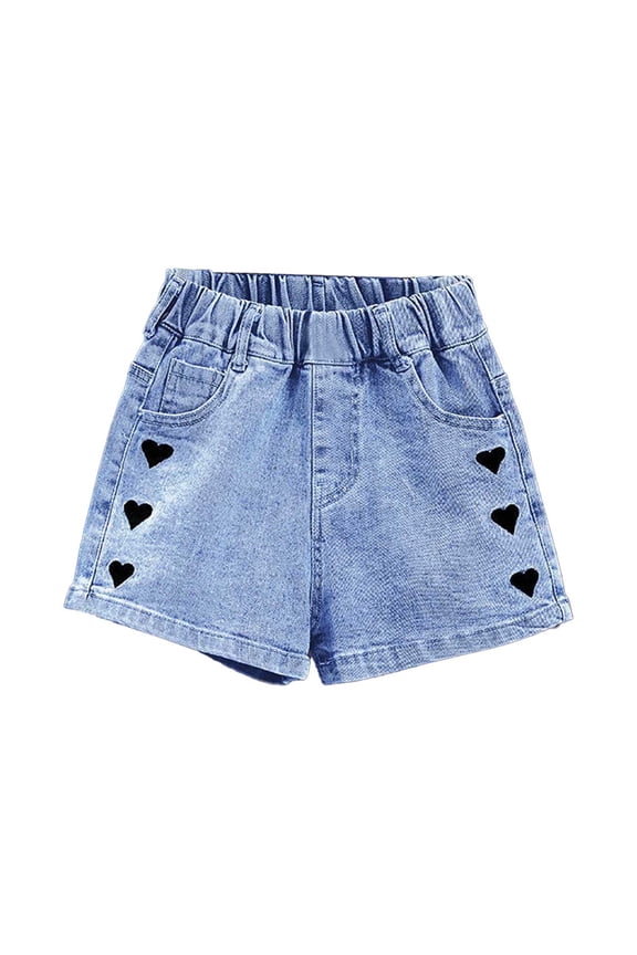 Girls Shorts Spring Summer Heart Print Denim Shorts Casual Stretch Thin Washed Lightweight And Breathable Sky Blue Shorts Size 9-10 Years