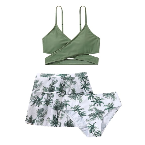 Glisme Girls Swimsuits 3 Piece Bathing Suit Floral Print Bikini Set With Cover Ups Beach Skirt Kids Swimwear For Ocean Beach Pool Swimming Surfing Size 9-10 Years Green