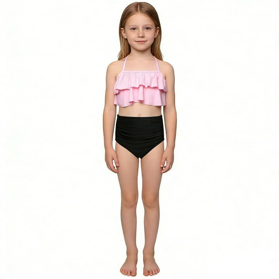 Glisme Girls Swimsuits High Elasticity Swimwear Nylon Two Piece Bathing Suit For Kids Youth Pool Beach Ocean Water Outfit Size 3-4 Years Pink