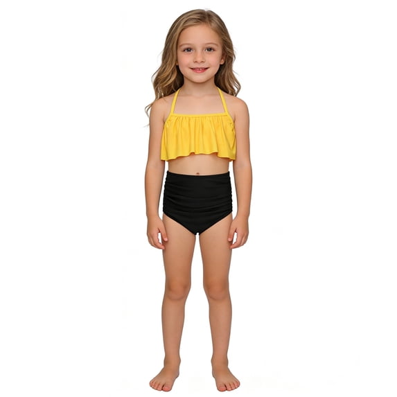Glisme Girls Swimsuits High Elasticity Swimwear Nylon Two Piece Bathing Suit For Kids Youth Summer Beach And Pool Swimwear Size 3-4 Years Yellow
