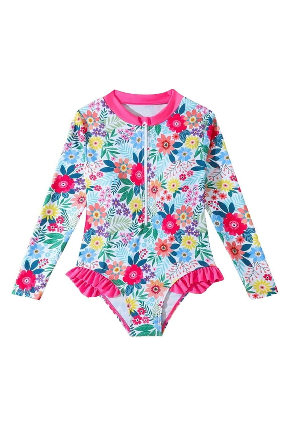 Girls Swimsuits Long Sleeved Floral Print Holiday Casual Swimwear For Swimming Pools And Spas Size 6-7 Years Pink