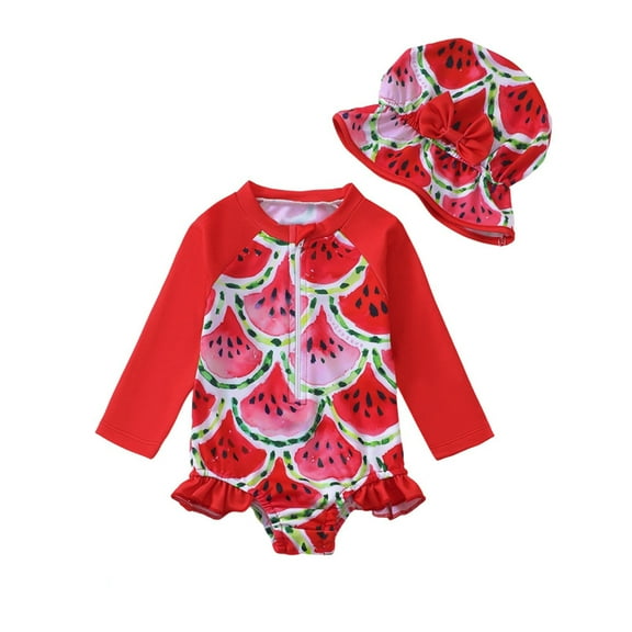 Glisme Girls Swimsuits Swimwear Baby Rash Guard Long Sleeve Sun Surf Suit With Hat Zip Up Bathing Suit For Toddler Beach Summer Beach Swimming Outfit Size 9-12 Months Red