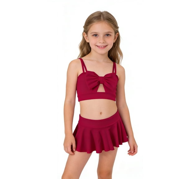 Glisme Girls Swimsuits Two Piece Bathing Suit With Flounce Skirt Colorful And Solid Bikini Matching Swimwear Pool Beach Ocean Water Outfit Size 4-5 Years Red