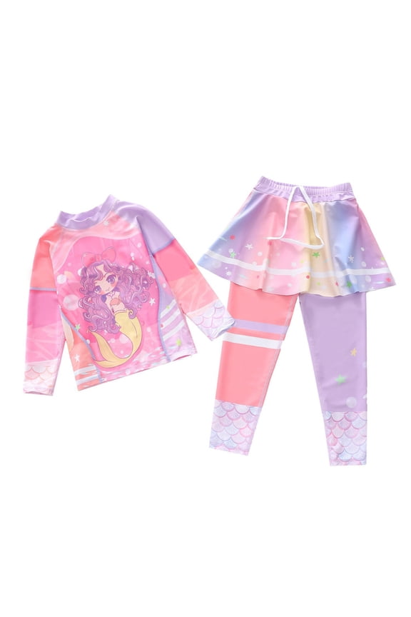 Girls Swimsuits Two Piece Swimwear Cartoon Print Sun Bathing For Kids Summer Beach Swimming Outfit Size 6-7 Years Pink