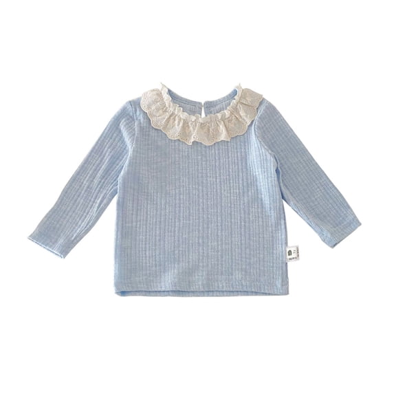 Glisme Girls T Shirt Autumn Long Sleeve T-Shirt With Floral Lace Collar Cute Ruffle Trim Tee For Toddler Breathable Top Size 18-24 Months Blue