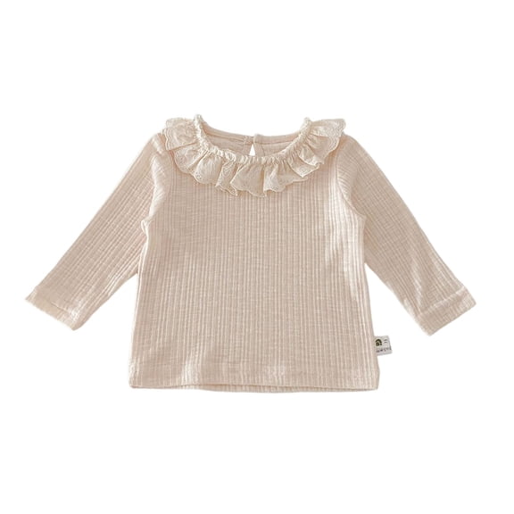 Glisme Girls T Shirt Autumn Long Sleeve T-Shirt With Floral Lace Collar Cute Ruffle Trim Tee For Toddler Stylish Top Size 3-4 Years Beige