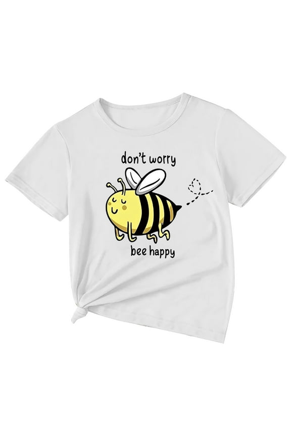 Girls T Shirt Cute Bee Print Short Sleeve T-Shirt Base Top Size 1Y White