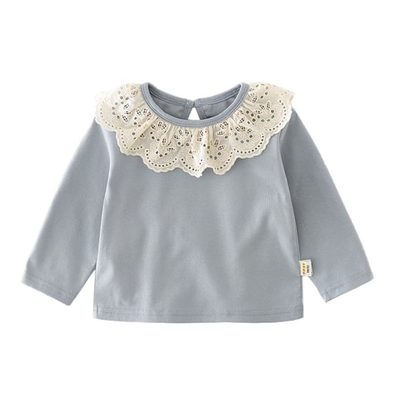 Glisme Girls T Shirt Long Sleeve Solid Color Shirt Elegant Lace Collar Soft Tee For Toddlers Basic Top Size 6-12 Months Blue