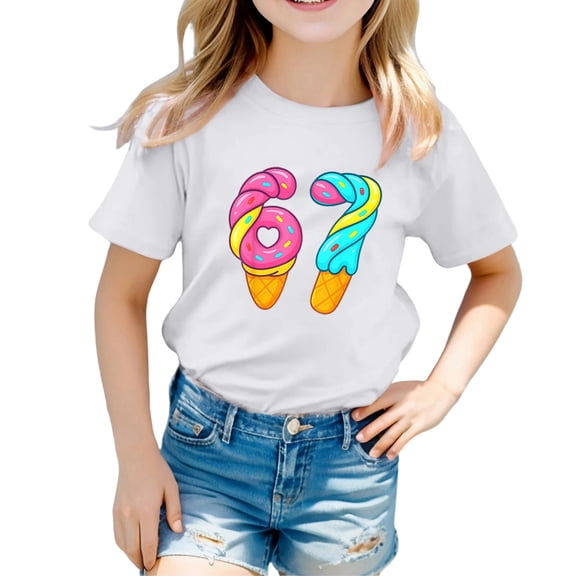 Glisme Girls T Shirt Short Sleeve Graphic Print T-Shirt Comfortable Casual Round Neck Tee For Everyday Play And School Wear Basic Top Size 1-2 Years White