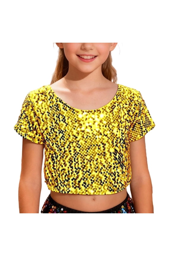 Girls T Shirt Sparkly Cheerleading Short Sleeve T-Shirt And Glitter Performance Tee For Festive Party Stage Show Basic Top Gold