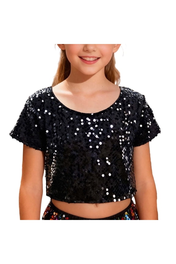 Girls T Shirt Sparkly Cheerleading Short Sleeve T-Shirt And Glitter Performance Tee For Festive Party Stage Show Classic Top Black
