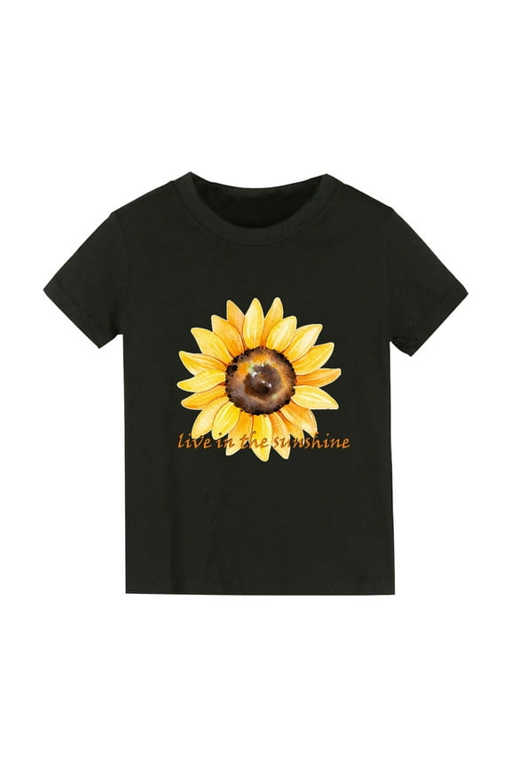 Girls T Shirt Tee Short Sleeved T-Shirts Sunflower Cartoon Print Summer Solid Color Classic Top Size 6-8 Years Black