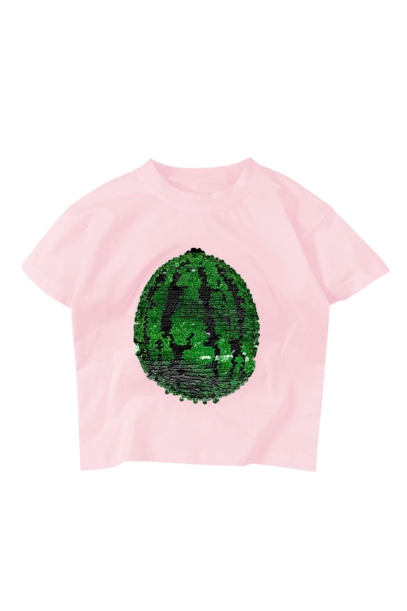 Girls T Shirt Toddler Changing Flip Sequins T-Shirt Watermelon Tee Short Sleeve Summer T-Shirts Base Top Size 6-7 Years Red