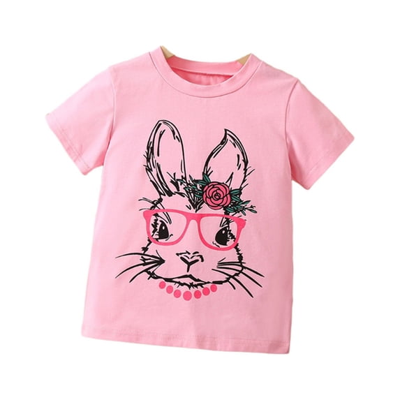 Glisme Girls T Shirt Toddler Spring Summer Print Rabbit Bunny Short Sleeve T-Shirts Clothes Breathable Top Size 4-5 Years Pink