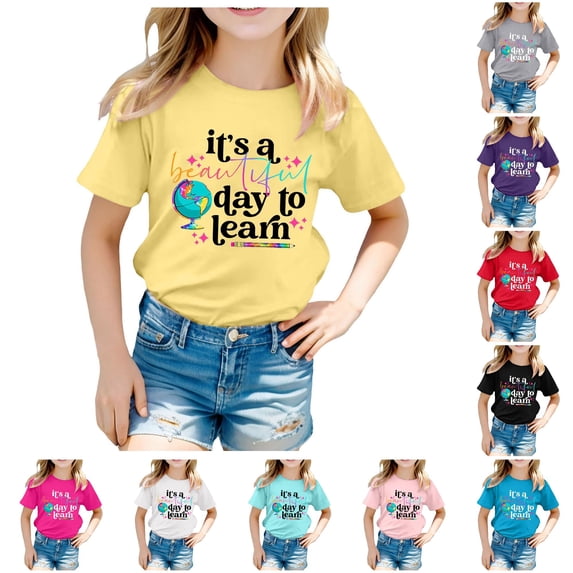 Glisme Girls T Shirts Back To School Teen Short Sleeve Crewneck Cartoon Prints Tee 10-11 Years Yellow