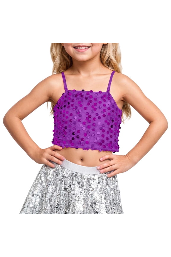 Girls Tank Top Adjustable Elastic Band Elastic Shiny Sequined Spaghetti Strap Tops For Themed Parties And Stage Performances Trendy Top Size 9-11 Years Purple