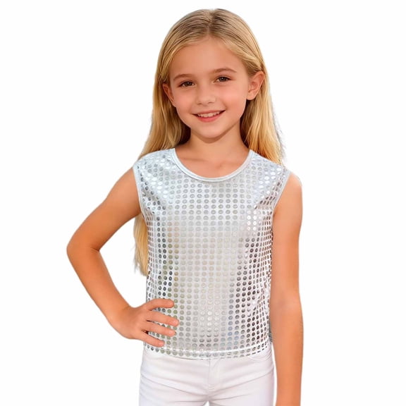 Glisme Girls Tank Top Sequin Applique Sleeveless Tank Tee Party Performance Shiny Glitter Casual Tee For Toddler Youth Teen Child Base Top Size 180 White
