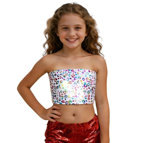 Glisme Girls Tank Top Sequin Glitter Leopard Print Dance Cheerleading Top For Dance Party And Stage Base Top Size 8-9 Years White