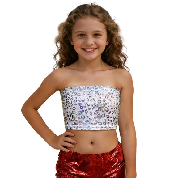 Glisme Girls Tank Top Sequin Glitter Leopard Print Dance Cheerleading Top For Dance Party And Stage Versatile Top Size 3-4 Years Silver