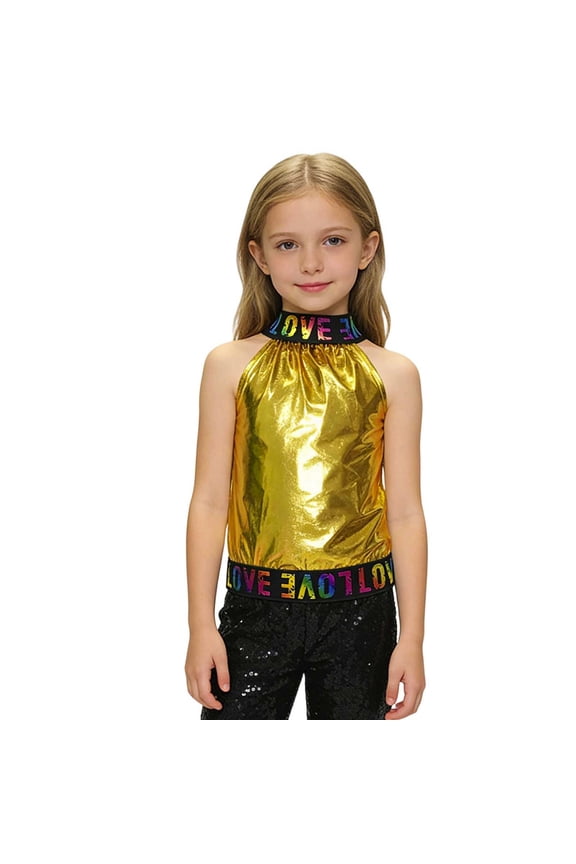 Girls Tank Top Shiny Sequined Glitter Performance Tee Sleeveless Sequin Glitter Asymmetrical Off Shoulder Dance Shirt With Rhinestone Trim Breathable Top Size 7-8 Years Gold