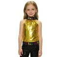 thumbnail image 1 of Glisme Girls Tank Top Shiny Sequined Glitter Performance Tee Sleeveless Sequin Glitter Asymmetrical Off Shoulder Dance Shirt With Rhinestone Trim Versatile Top Size 3-4 Years Gold, 1 of 4