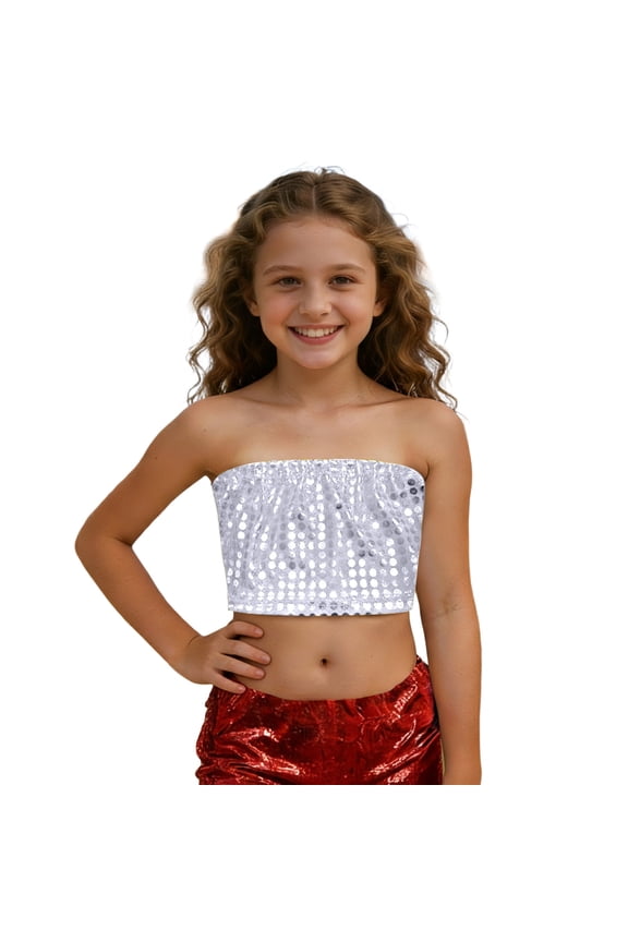Girls Tank Top Sparkly Sequin Wrap Dance Cheerleading Stretchy Photoshoot Crop Bandeau For Dance Party And Stage Base Top Size 4-5 Years Silver